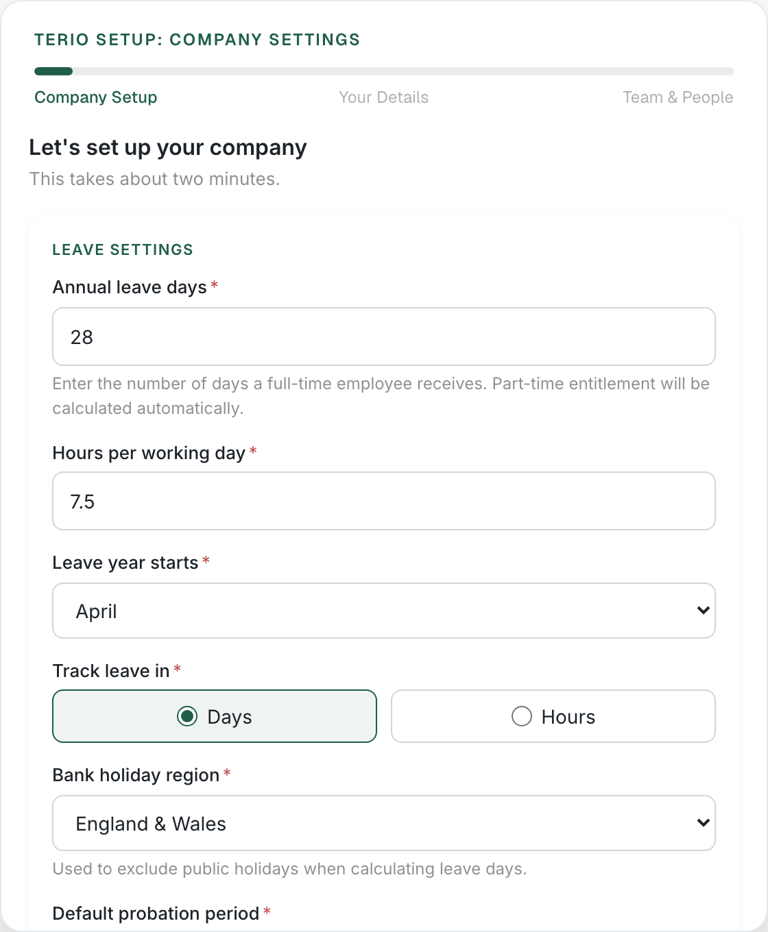 The company settings form with leave days, hours per day, leave year start and holiday region