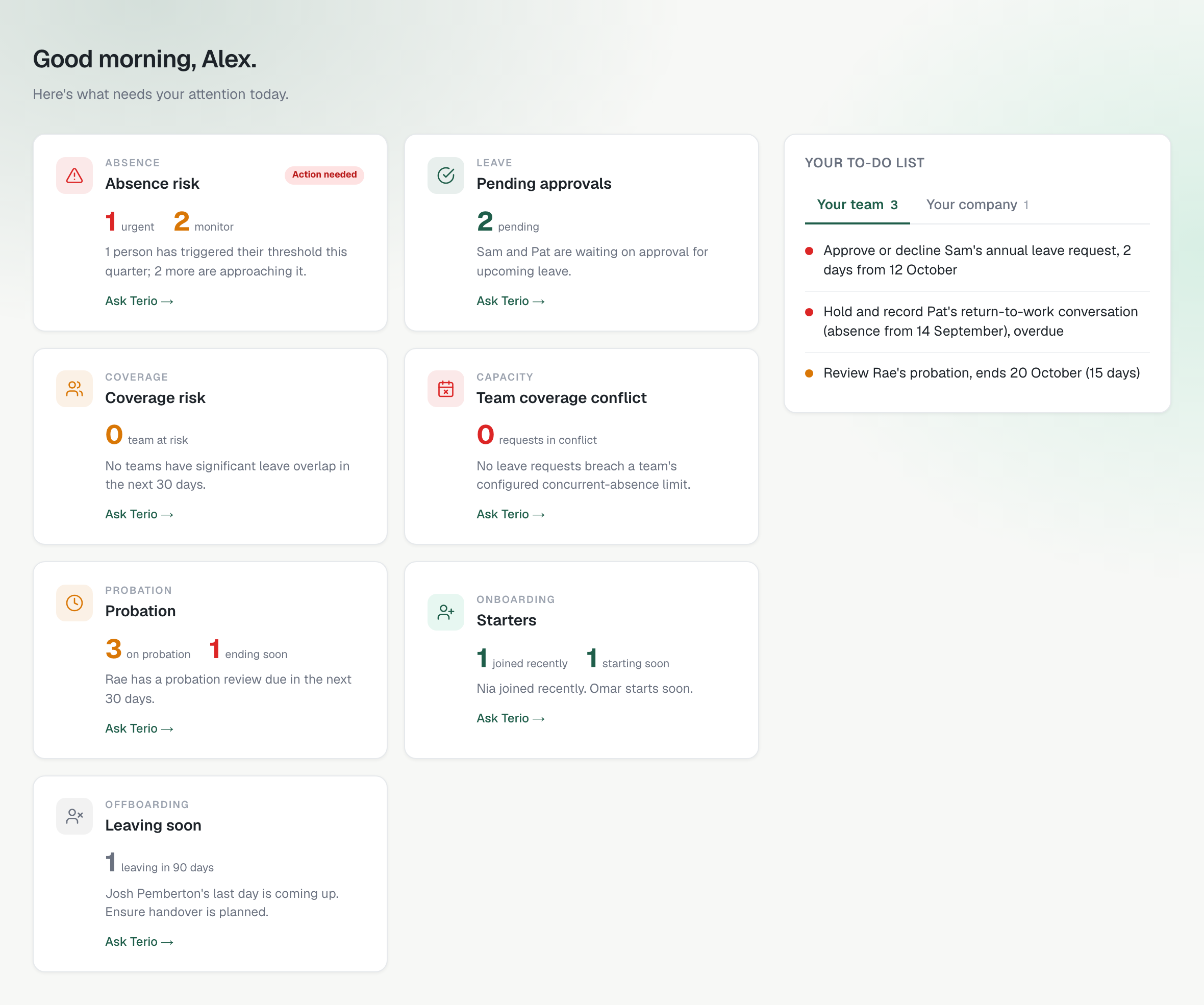The dashboard with tiles on the left and the to-do list on the right