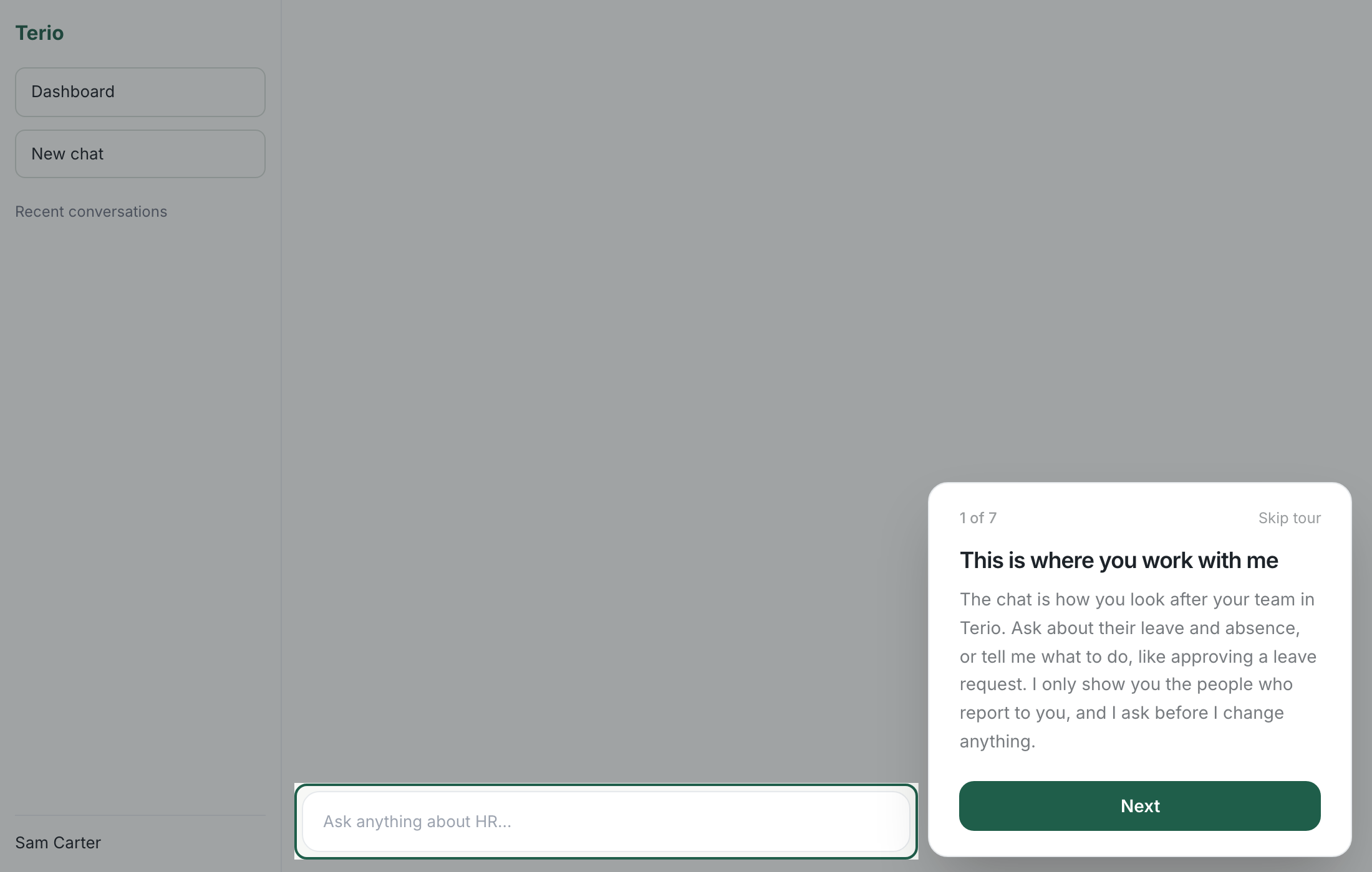 The first step of the product tour, highlighting the chat box