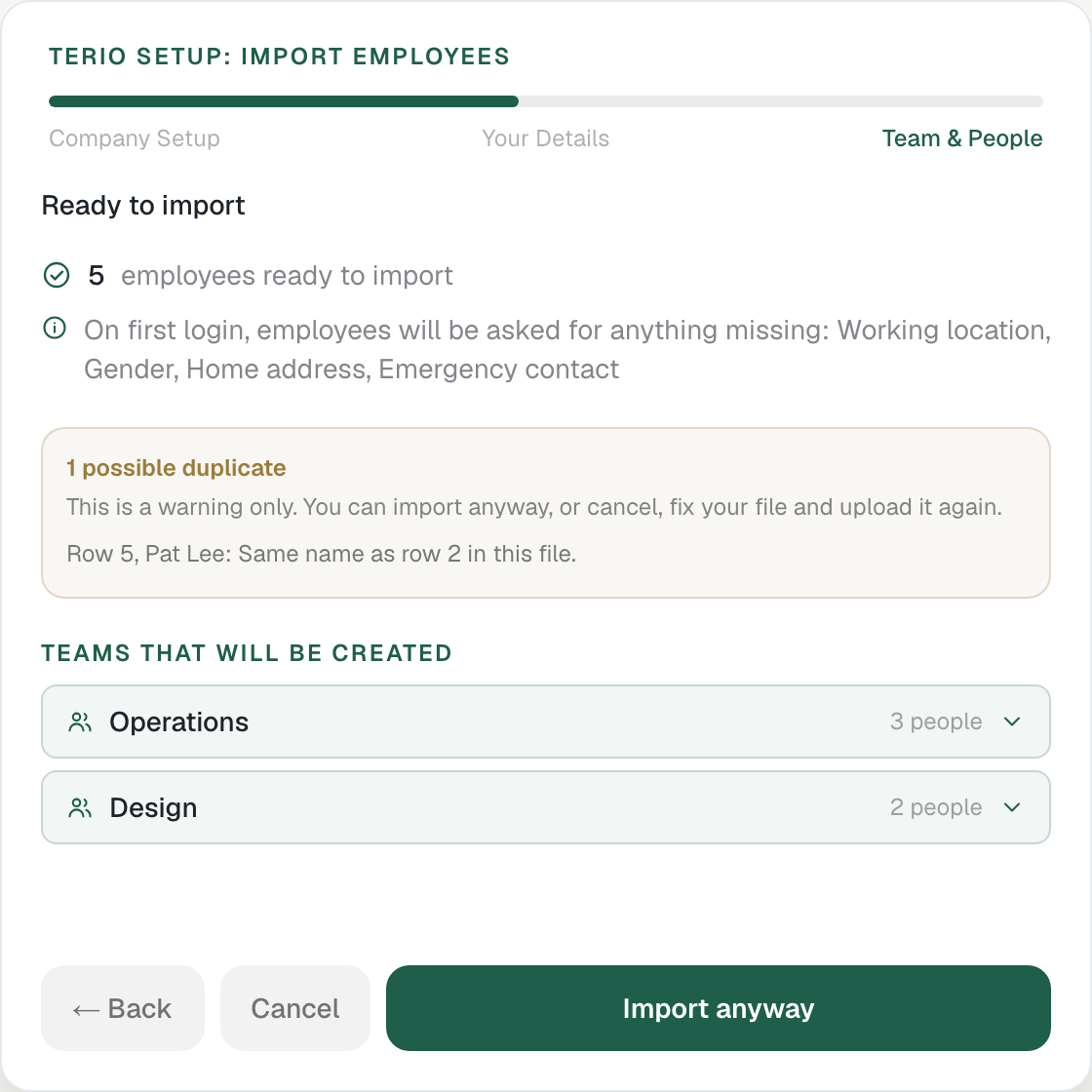 The ready to import screen with a possible duplicate warning