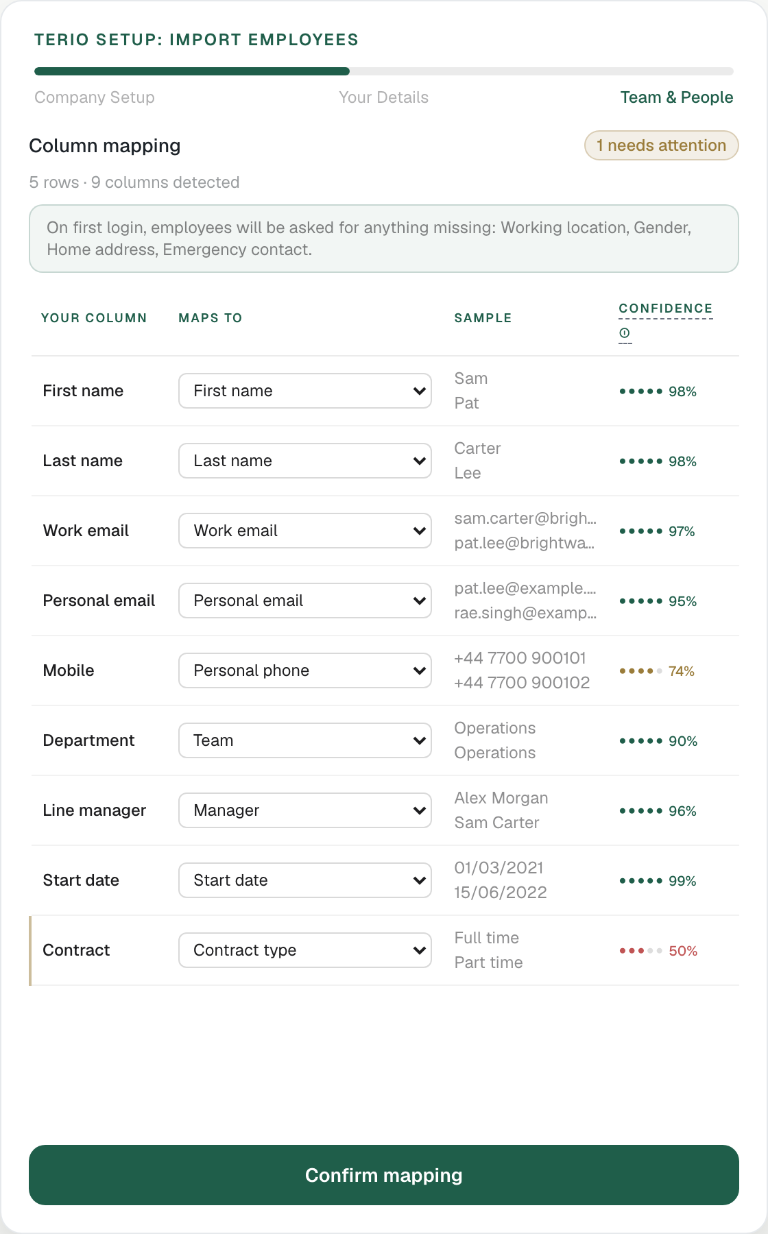 The column mapping screen with a confidence rating beside each column