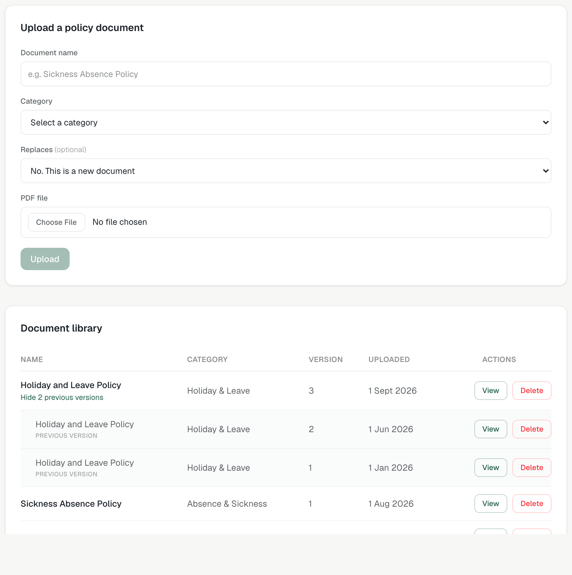 The upload form and the document library, with older versions of a policy folded under the current one