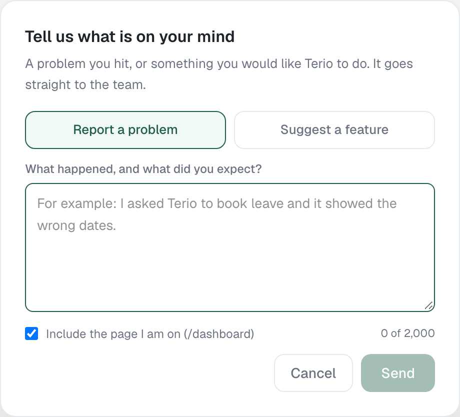 The Report a problem and Suggest a feature form
